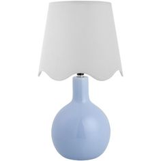 a blue lamp with a white shade on it