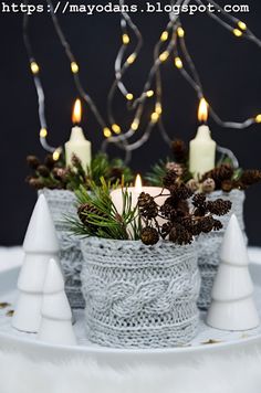 a white plate topped with candles and pine cones on top of a snow covered table