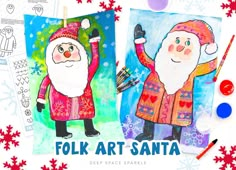 two pictures of santa claus and snowflakes with the words folk art santa on them