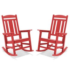 two red wooden rocking chairs facing each other