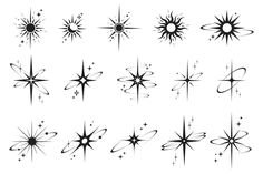 the sun and stars are drawn in black ink on white paper, each with different shapes