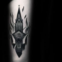 Church On Fire Tattoo, Gap Filler Tattoo, Burning Church, Tattoos Male, Geometric Tattoo Arm, Flame Tattoos, Fire Tattoo, Tattoo Graphic