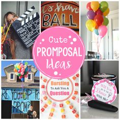 a collage of photos with balloons, signs and other things to do in front of them