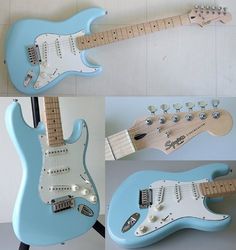 three different pictures of an electric guitar, one blue and the other white with four knobs