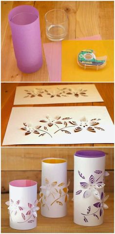 three different types of paper lanterns with flowers on them