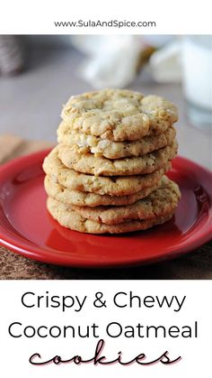 Crispy & Chewy Oatmeal Coconut Cookies Coconut Almond Oatmeal Cookies, Coconut Milk Cookies Recipes, Oatmeal Coconut Pecan Cookies, Oatmeal Coconut Cookies Chewy, Coconut Chewies, Coconut Cookies Easy, Oatmeal Cookies With Coconut, Chewy Coconut Cookies, Coconut Oatmeal Cookies