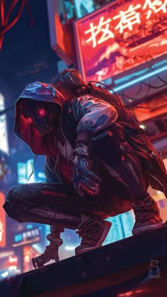 a man kneeling down in front of a neon city