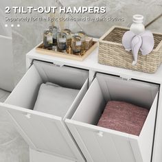 an open cabinet with two towels and other items in the bins next to it