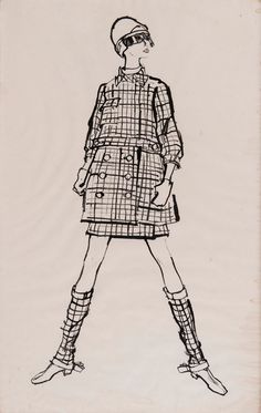 a black and white drawing of a woman in a dress with boots on her feet