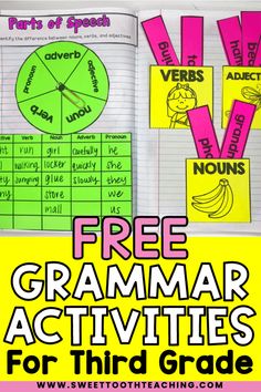 an open book with the words free for third grade students to practice their writing skills