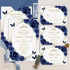 wedding stationery set with blue roses and gold trimmings on the front, back and sides