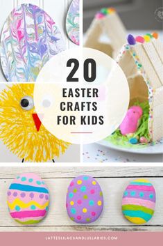 easter crafts for kids that include eggs, paper plates and an egg shaped like a bird