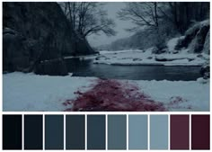 the color palette is blue and gray, with some red dyes on the ground