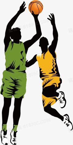 two men playing basketball with each other on a white background, one in green and the other in yellow