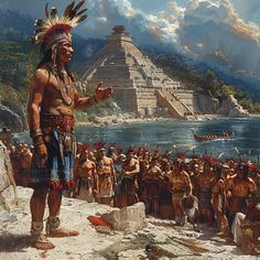 an image of a native american man standing in front of a group of people on the beach