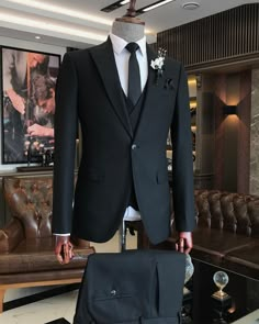 Black Three-piece Suit For Groom With Notch Lapel, Black Three-piece Suit With Notch Lapel For Groom, Black Three-piece Suit With Notch Lapel For Wedding, Tailored Black Suit For Groom, Black Tailored Suit For Groom, Black Notch Lapel Suit For Groom, Black Double Breasted Suit For Groom With Notch Lapel, Black Double Breasted Groom Suit With Notch Lapel, Black Three-piece Suit With Collar For Groom