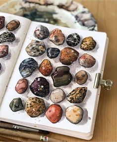 an open book filled with lots of rocks on top of a wooden table next to a pen