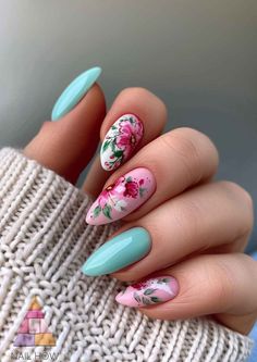 Blooming Grace: These soft pink and seafoam green stiletto nails are adorned with intricate floral art, perfect for any spring day. Each nail is a petal in the garden of your hands. Cultivate your style with more spring nail designs at nailhow.com. Botanical Nail Art, Ideas Nails