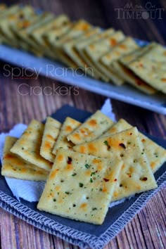 some crackers are on a blue plate