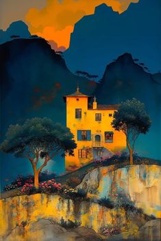 a painting of a house on a cliff with mountains in the background