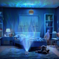 a bedroom with blue walls and an ocean themed bed in the middle, while two teddy bears sit on the floor