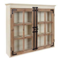 a wooden cabinet with glass doors and shelves