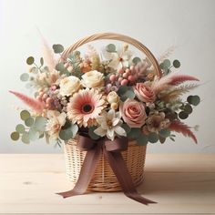 a basket filled with flowers on top of a wooden table