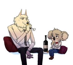 a man sitting next to a little boy in front of a bottle of wine