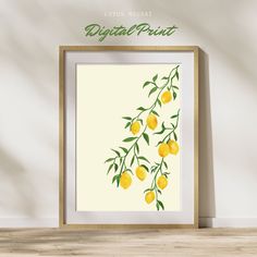 a yellow lemon tree with green leaves is shown in front of a white wall and the words digital print above it