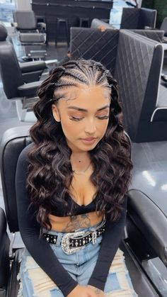 Hair With Random Braids, Braids Hair Down, Half Braids Half Down, Latina With Braids, Braids With Hair Out, Braids Designs For Black Women, Mixed Hair Braids, Scalp Braids With Curly Hair, Braid Hairstyles For White Women