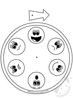 a cartoon clock with eight faces and an arrow above it