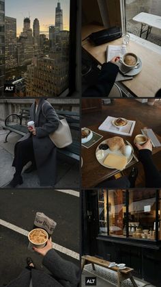 a series of photos showing people eating and drinking in the city at sunset or dawn