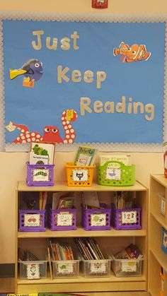 there is a sign that says just keep reading in front of the bookshelf