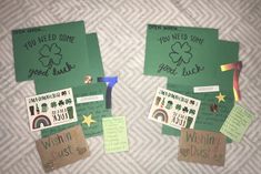 two pieces of green paper with shamrocks on them and some words written on them