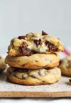 chocolate chip cookies stacked on top of each other