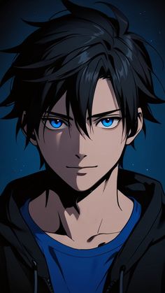 an anime character with blue eyes and black hair, staring at the camera in front of a dark background