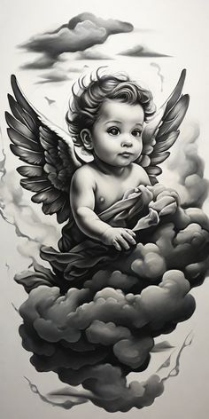 a drawing of a baby angel sitting on top of clouds in black and white ink