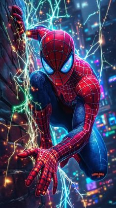 the amazing spider - man is hanging out in front of a cityscape with bright lights