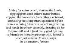 a poem written in black and white with the words asking for extra pencil, sharing the lunch, sipping from each other's water bottles