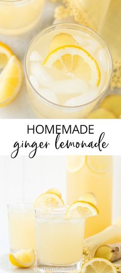 homemade ginger lemonade in glasses with slices of lemons on the side and text overlay that reads homemade ginger lemonade