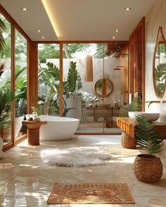 a bathroom with large windows and plants in the bathtub, rugs on the floor