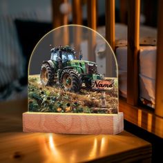 a glass plate with a tractor on it