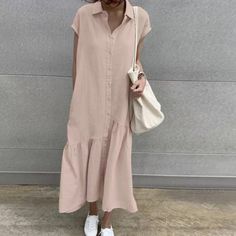 Fashion Elegant Solid Color Shirt Casual Lapel Maxi Dress Bohemian Casual Dress, Linen Outfit, Cozy Wear, Maxi Dress Outfit, Casual Wear Dress, Loose Fit Shirts, Summer Sundress, Maxi Shirts, Short Sleeve Dress Shirt