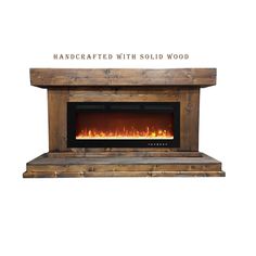 an electric fireplace with the words handcrafted with solid wood