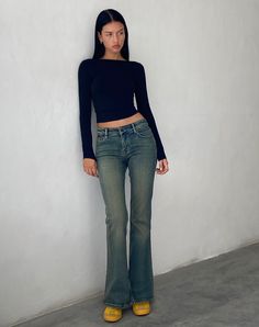 Green Wash Flared Jeans | Low Rise – motelrocks-com-us Low Rise Bootcut Jeans Outfits, Bootleg Jeans Outfit, Low Wasted Jeans, Low Rise Flare Jeans Outfit, Flare Jean Outfit, Low Rise Jeans Outfit, Flare Outfit, Bootcut Jeans Outfit, Low Rise Flared Jeans