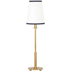 a gold lamp with a white shade on it's base and blue trim around the bottom