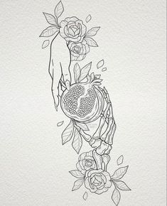 a black and white drawing of a woman holding a pomegranate on her arm