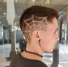 Spiderweb Side Shave, Spider Web Shaved Side, Spider Web Shaved Head, Spiderweb Fade Haircut, Spiderweb Shaved Head, Halloween Haircut Designs, Fun Shaved Head Designs, Halloween Hair Short, Halloween Hair Designs