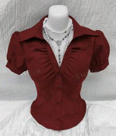 Cute Button Up Shirts Outfits, Office Blouses For Women, Office Outfits Women Dress, Office Shirts For Women, Red Blouse Outfit, Womens Dress Shirt, Red Outfits For Women, V Neck Blouses, Shein Clothes