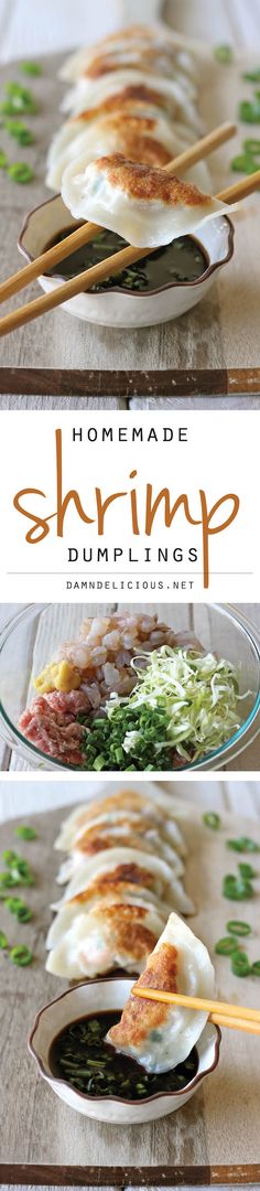 two pictures of food with chopsticks in them and the words, homemade shrimp dimming